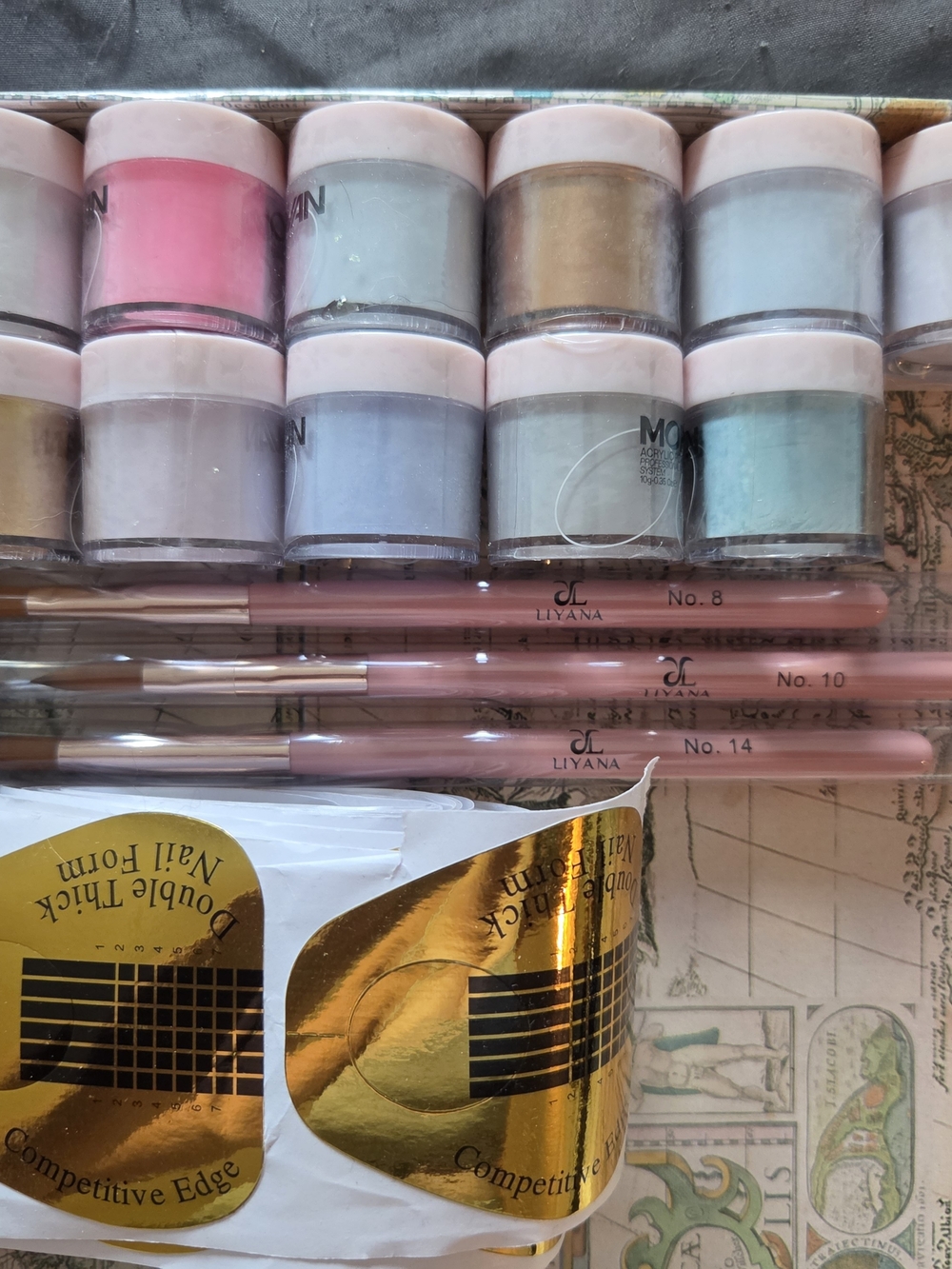 11 Unopened Morovan Acryllic Nail Powder, Brushes And Forms